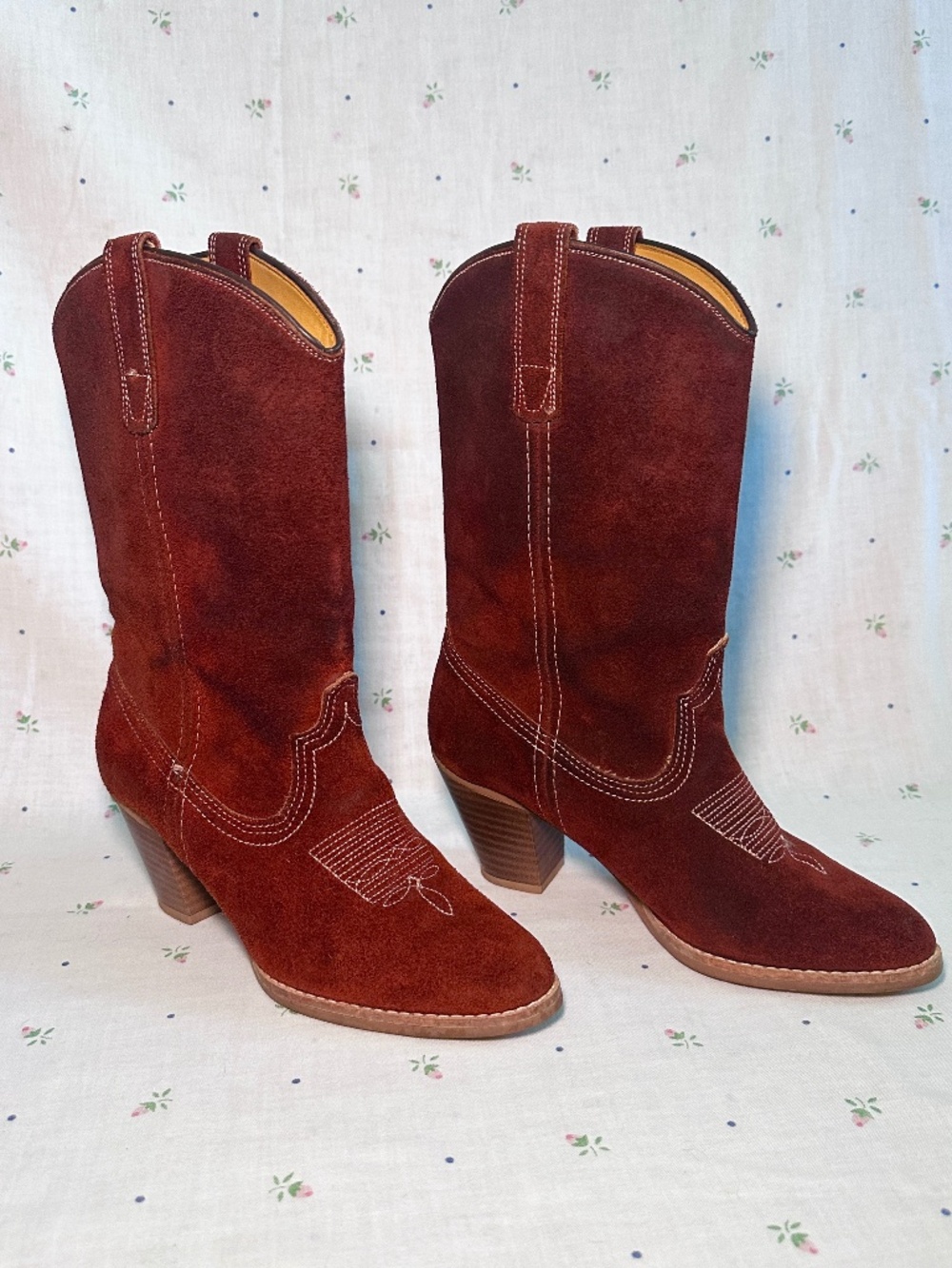 Vintage 70s 80s Brown Suede Leather Cowboy Boots Tall Heeled Western